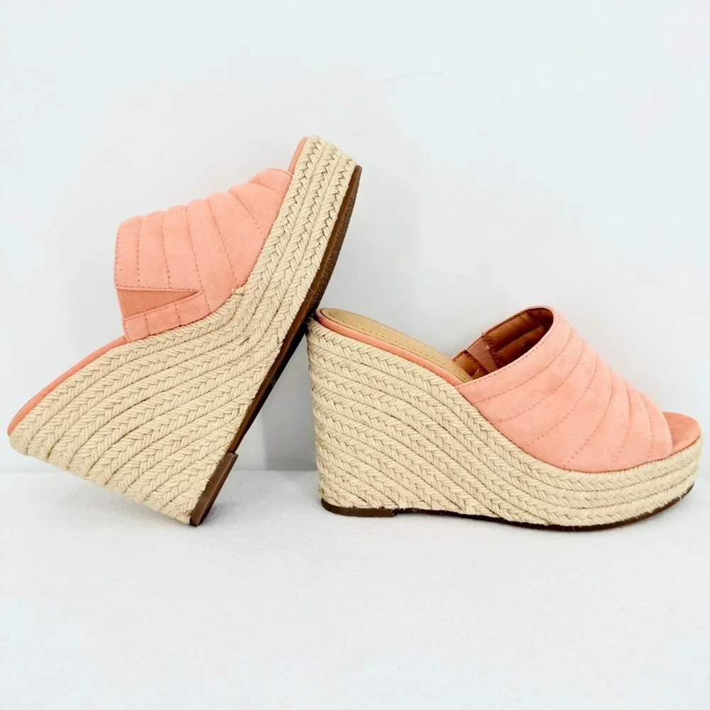 Lisa Vicky Womens Coral Pink Quilted Espadrille Wedge Mules Sz 6M Platform NWOB
